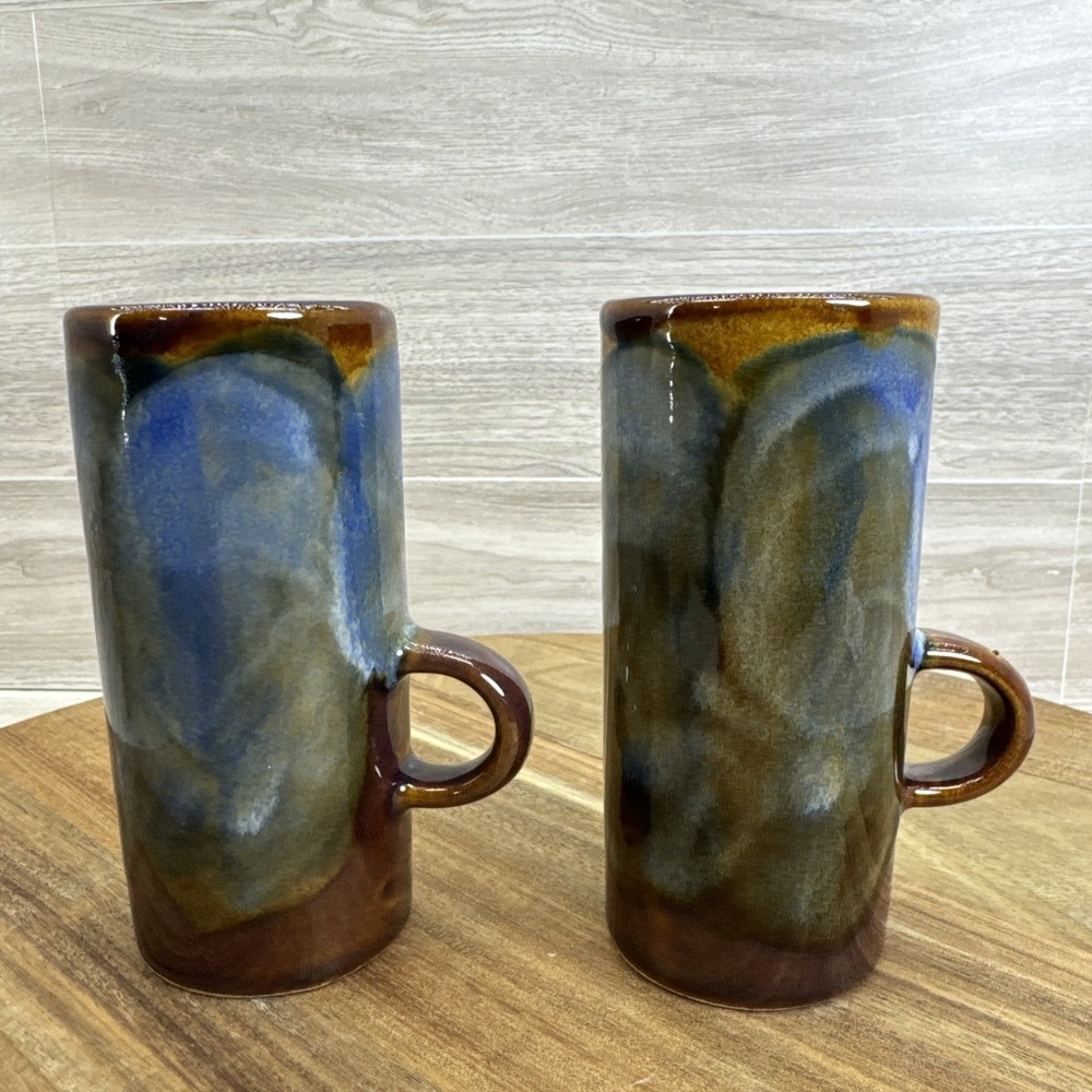 Caffe D'Vita 1970's Stoneware Drip Glazed Espresso Demitasse Cups Set Of 2 EUC